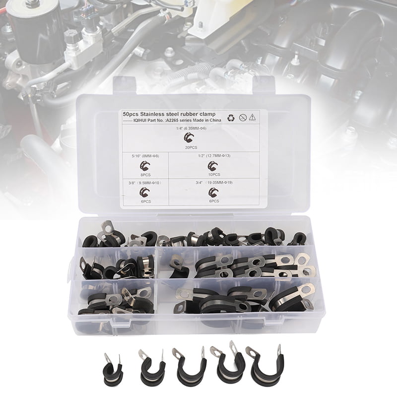 Cable Clamps Assortment Kit,50pcs Rubber Cushion Insulated Clamp.Stainless Steel Pipe Clamp