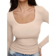 thumbnail image 2 of Women'S Solid Color Long Sleeve U-Neck Ribbed Knitted Casual Top Slim Fit Basic Shirt Apricot S, 2 of 6