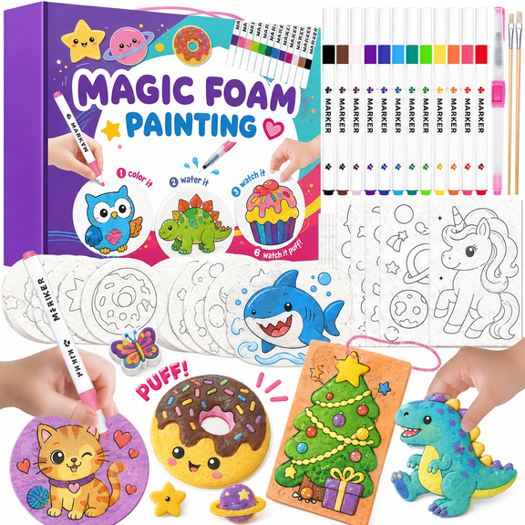 Magic Foam Texture Painting Kit for Kids, 55PCS 3D Art Craft Set with 20 Painting Boards, 12 Color Pens, 20 Chains & 3 Brushes, Popcorn Pens 3D Art Style Kids Crafts Gift