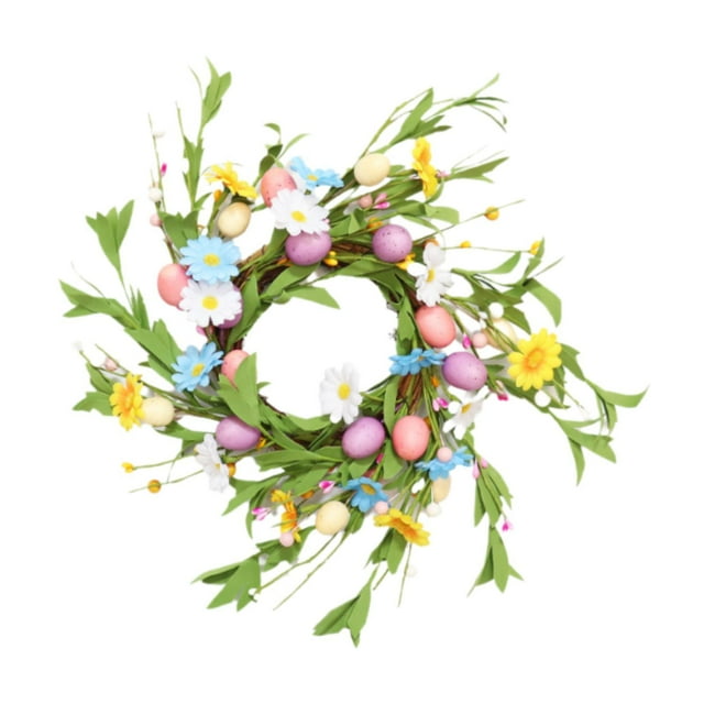 corona de huevo de pascua para fondo de puerta novedoso pared decoración de la pascua corona de flores para salón de dibujo celebración estacional vistosa corona colgante de 30 cm (diámetro exterior) hecha de espuma y alambre con huevos pastel rosa, morado y crema, flores blancas, azules y amarillas y hojas verdes; vista cenital frontal de silueta circular, lista para colgar en puerta o pared y adecuada también como adorno de mesa estacional.
