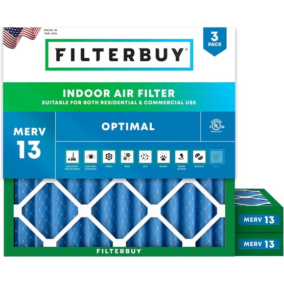 Filterbuy 14x14x2 MERV 13 (MPR 1900) Health Defense, Pleated HVAC AC Furnace Air Filters (3-Pack)