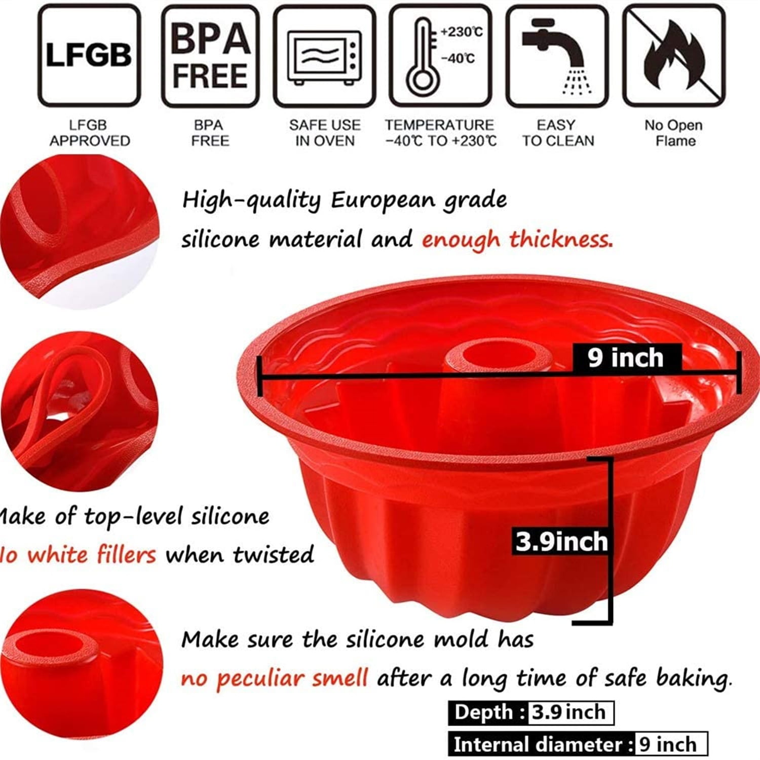 Kepooman 9-Inch Kitchen Non-Stick Silicone Cake Mold for Baking Bread, Red Kepooman 9-Inch Kitchen Non-Stick Silicone Cake Mold for Baking Bread, Red