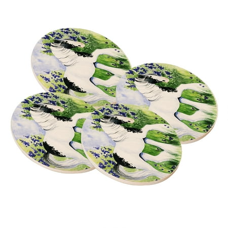 

KuzmarK Sandstone Drink Coaster (set of 4) - Piebald Gypsy Cob with Lilacs and Violets Horse Art by Denise Every