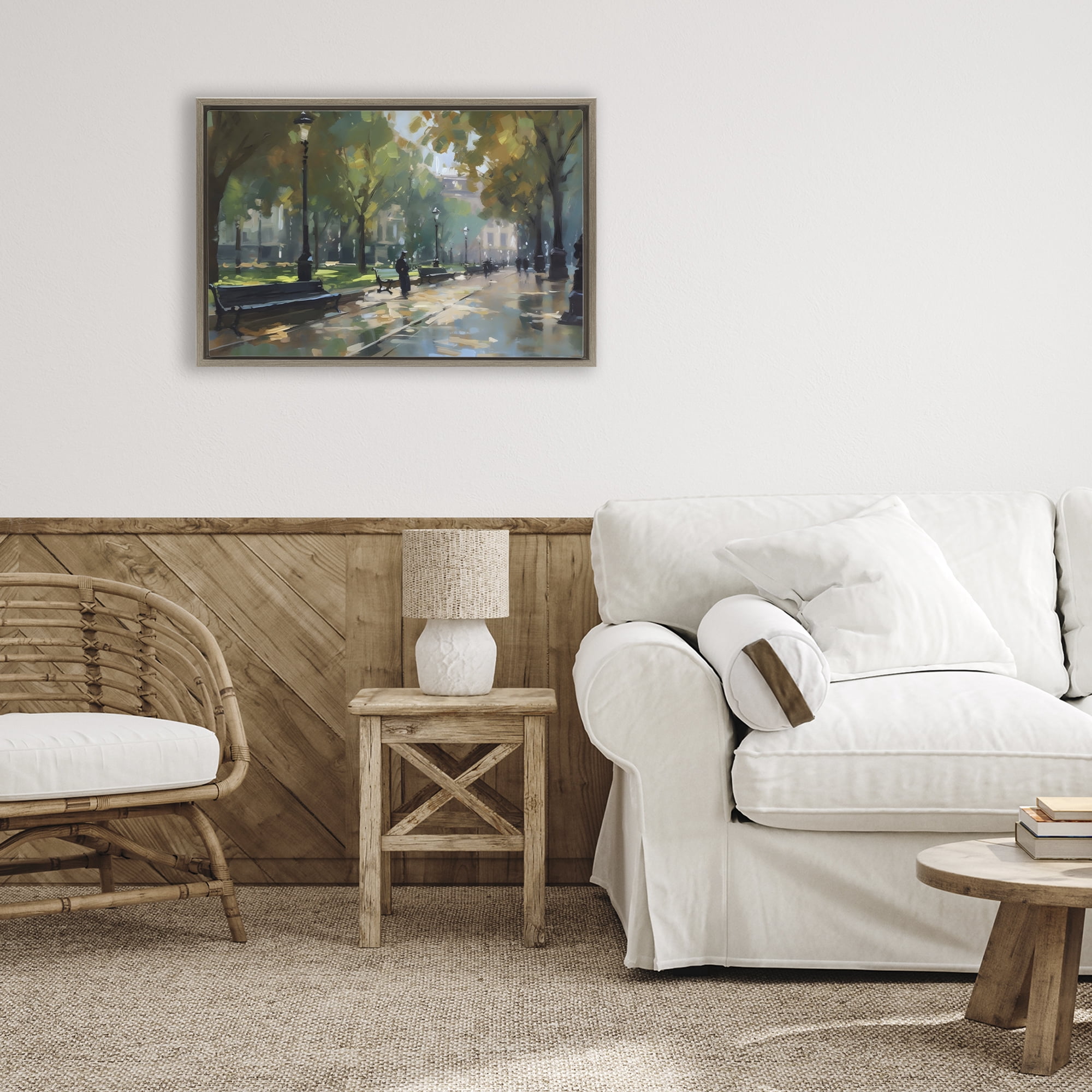 Stupell Industries Park Promenade on Rainy Day Brown Framed Floater Canvas Wall Art, design by Creative Studio