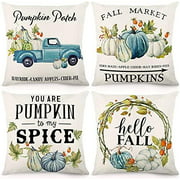 CDWERD Fall Pillow Covers 20×20 Inch Set of 4 Autumn Decorations Throw Pillowcase Farmhouse Blue Truck with White Pumpkin and Berry Linen Cushion Case for Thanksgiving Day, Sofa and Home