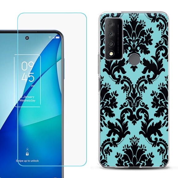 Slim-Fit Gel TPU Phone Case for TCL 4X 5G, with Tempered Glass Screen Protector, by OneToughShield ® - Victorian Blue/Black