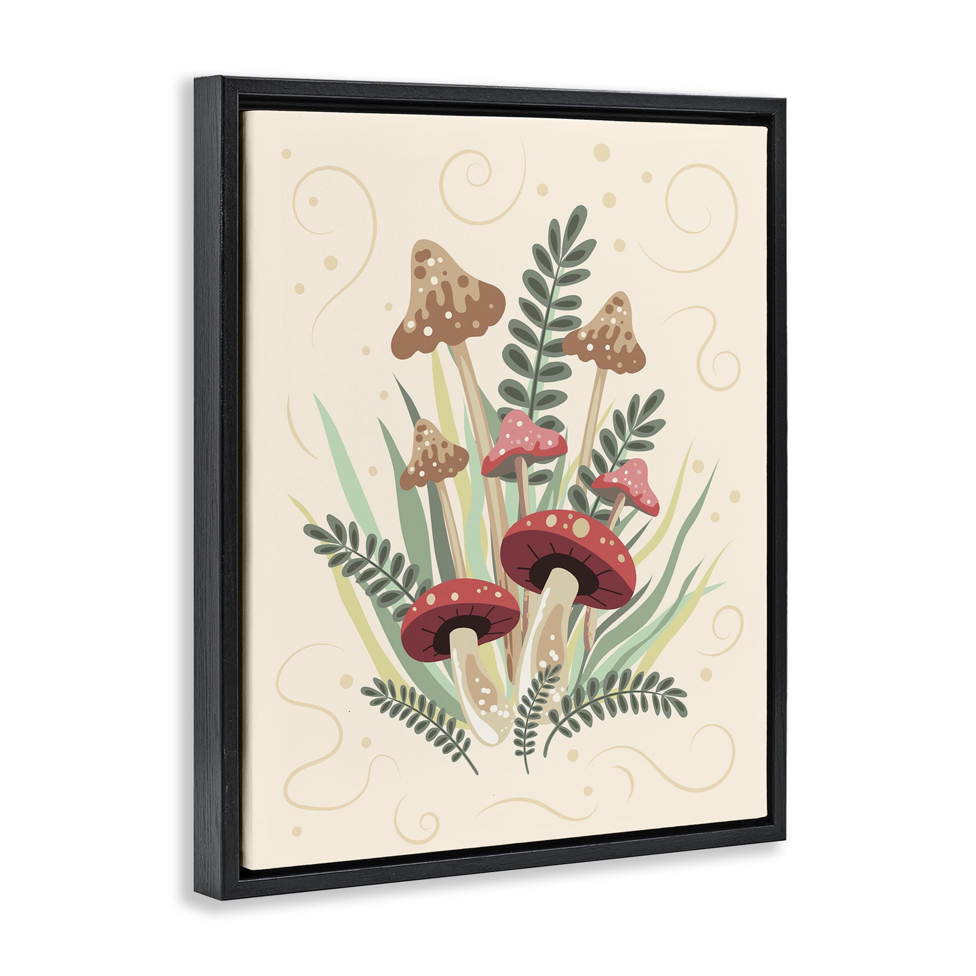 Stupell Industries Mushrooms & Swirl Pattern Botanical & Floral Painting Black Floater Framed Art Print Wall Art, 17 x 21