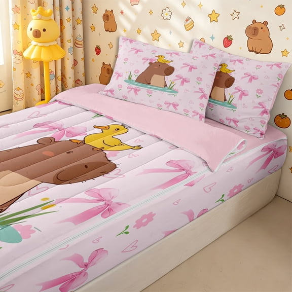 Homewish Cute Capybara Duck Zipper Twin Comforter Sets with Fitted Sheet and 2 Pillowcases,Dreamy Bow Flowers Zipper Bedding Set for Boy Girls,4-Piece,Pink Reversible