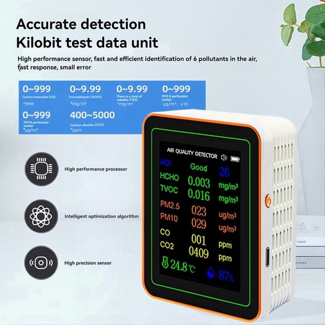 Monitor de Calidad del Aire 10 en 1 HCHO TVOC PM2.5 PM10 CO CO2 Probador de Temperatura y Humedad Detector de Dióxido de Carbono Negro
