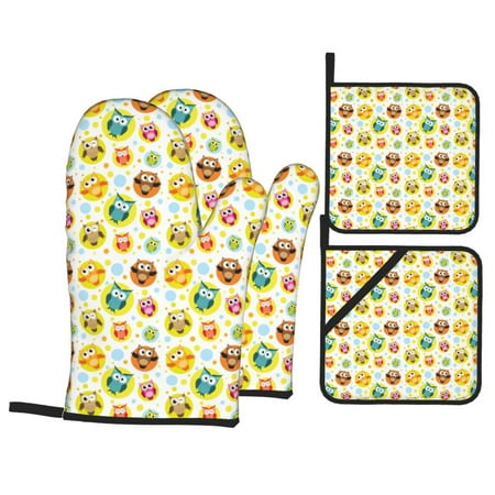 

Oven Mitts and Pot Holders 4 Piece Colorful Owls 1 High Heat Slip Resistant Oven Mitt and Trivets Set Kitchen Oven Glove Pot Holders for Cooking Baking Grilling