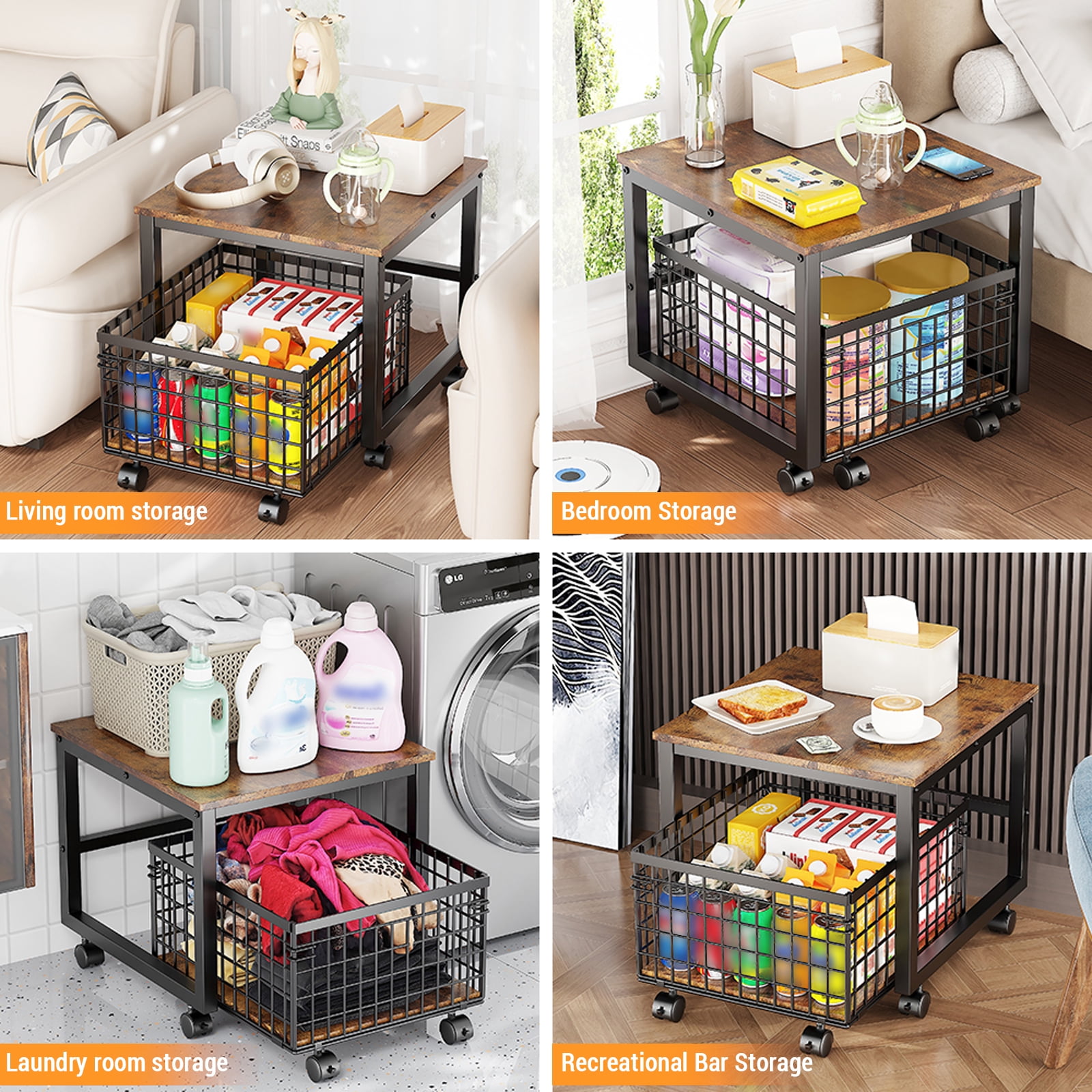 Mini Fridge Stand with Movable Storage Cart & Swivel Wheels, Mini Fridge Stand on Wheels, Adjustable Feet & Heavy Duty Metal Frame (Holds 198 Lbs) for Home, Office, Dorm, Coffee Bar
