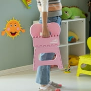 Basicwise Foldable Step Stool with Heart Shaped Backrest, Plastic Pink