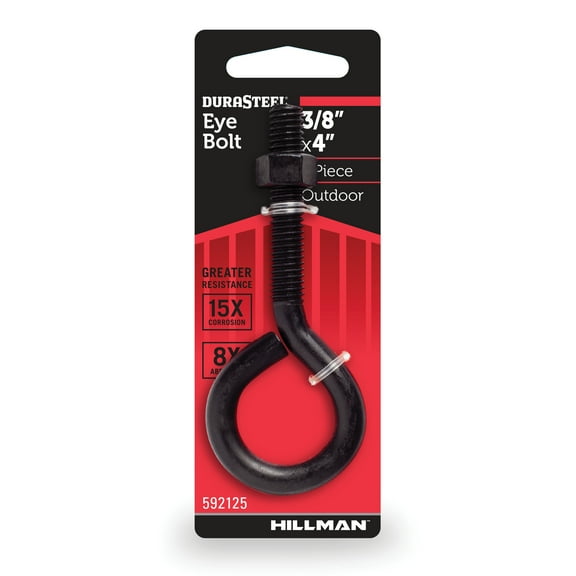 Durasteel Eye Bolt 3/8" - 16 x 2-4", Outdoor & Indoor Eye Bolt, Black, Steel, 1 Piece