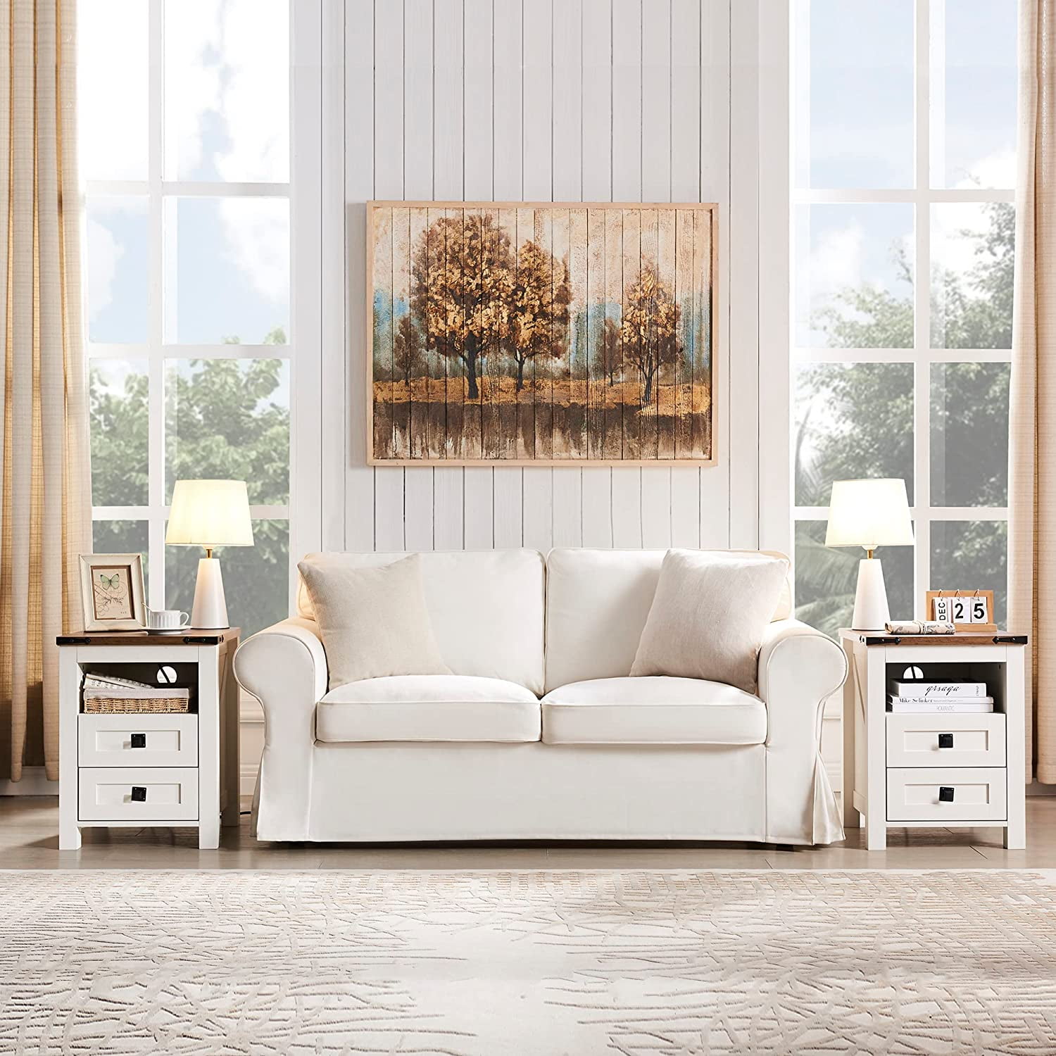 OKD Farmhouse Nightstand with Charging Station for Bedroom, 2-Drawer Rustic End Tables for Living Room, off White
