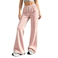 thumbnail image 2 of Stralyhd Wide Leg Pants for Women Casual Loose Fleece Flowy Pants Plaid Travel Work Elastic Waist Lounge Trousers with Pockets Light pink M, 2 of 5