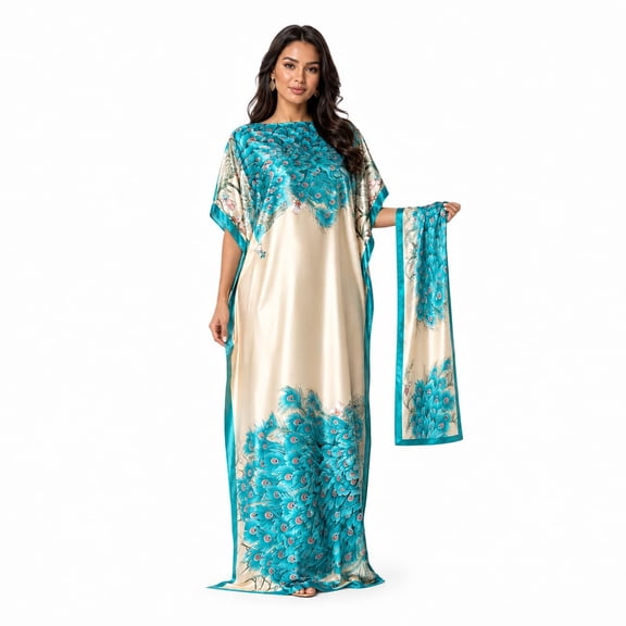 Women's Elegant Chic Geometric Print Robe Set Plus Size Satin Silk Caftan Moo Moos with Matching Head Scarf for Beach
