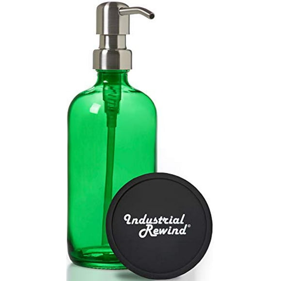 Industrial Rewind Executive Style Green Glass Soap Dispenser with Stainless Steel Pump and Non Slip Coaster/Countertop Protector - Green 16oz Glass Bottle Lotion Bottle