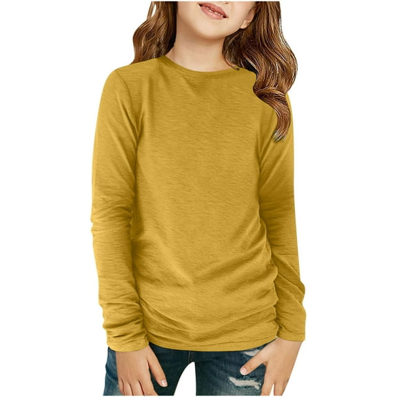 Maean Girls Basic Shirts Long Sleeve Crewneck Lightweight Causal Solid Color Tshirts for Kids Girl