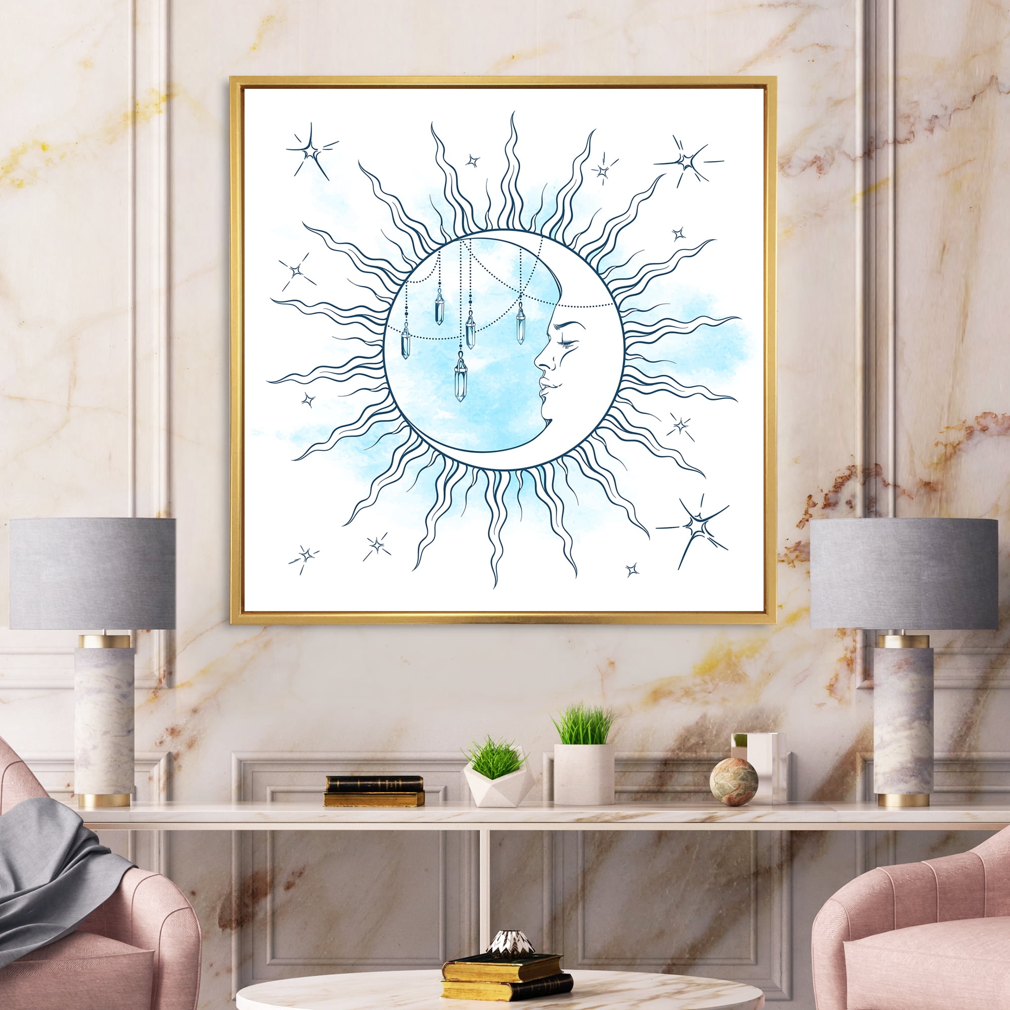 Designart 'Blue Crescent Moon With Stars and Moonstone Pendants' Bohemian & Eclectic Framed Canvas Wall Art Print