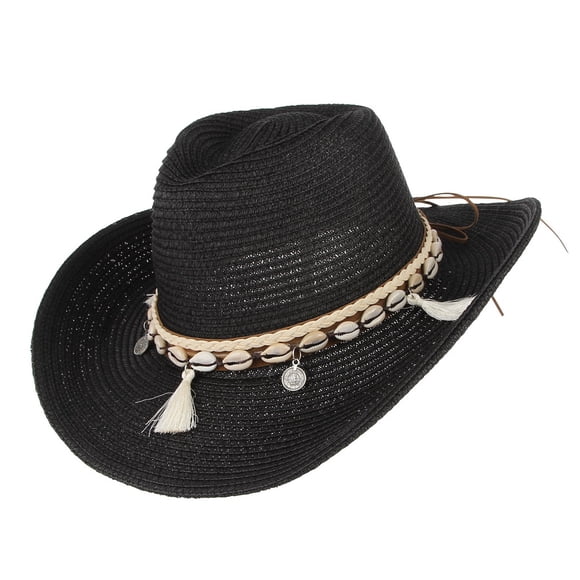 Summer Straw Cowboy Cowgirl Hat Sun Hats Wide Brim Beach Holiday Straw Hat with Shell Band (Black)