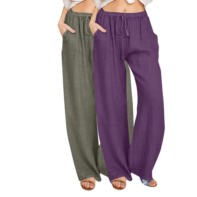 GigrtiJin 2 Pack Womens Lounge Long Pants Solid Color Drawstring Elastic Wasit Wide Leg Pants with Pocket Trendy Lounge Pants
