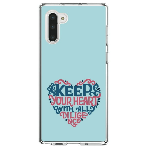 DistinctInk Clear Shockproof Hybrid Case for Samsung Galaxy Note 10 (6.3" Screen) - TPU Bumper, Acrylic Back, Tempered Glass Screen Protector - Keep Your Heart With All Diligence