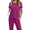 thumbnail image 3 of MOSHU Womens Two Piece Outfits Short Sleeve Color Block Tops Long Pants with Drawstring Tracksuit Jogger Sets, 3 of 8