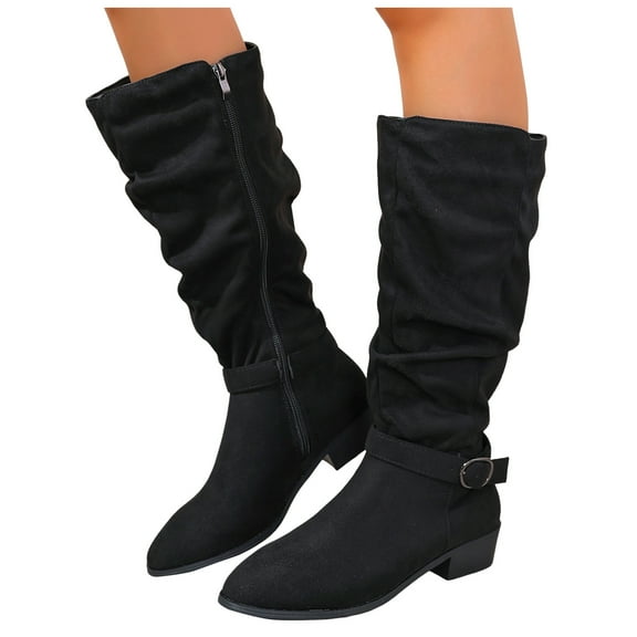 Slouchy Suede Knee High Dress Boots for Women Fashion Casual Buckle Low Heel Wide Calf Knee Length Tall Boots Black Size 6.5
