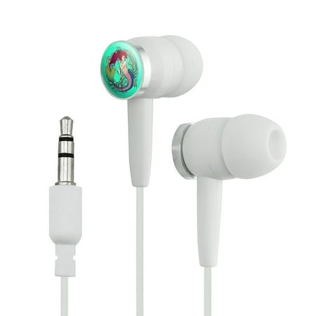 Act Headphones - Mermaid Holding Trident Circle Art Nouveau Kelp Novelty In-Ear Earbud Headphones - White