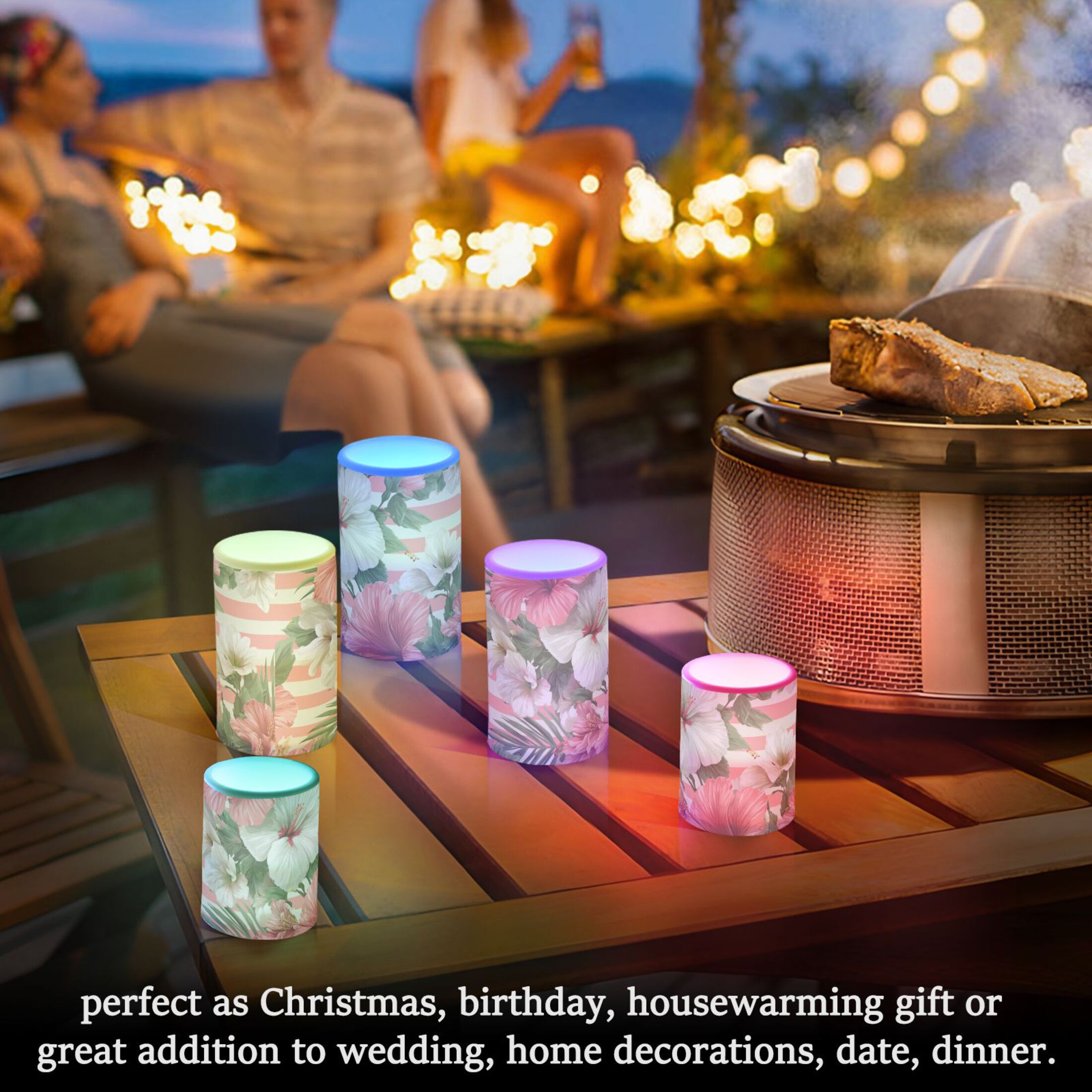 Pink Stripes Hawaiian Flowers Flickering Flameless Candles LED Tealight Battery Operated with Remote Set of 2 Holiday Decor Ornaments