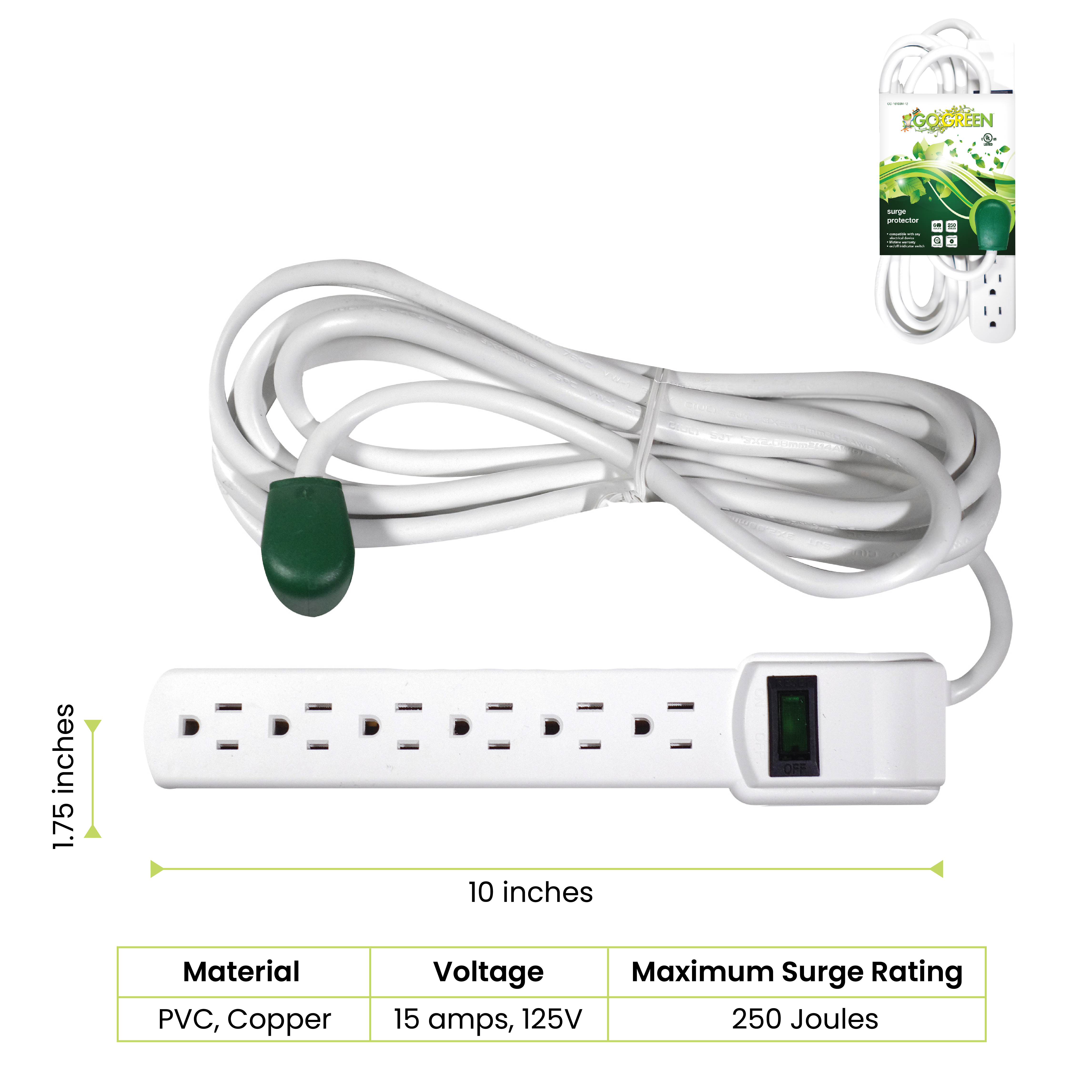 GoGreen Power GG-16103M-12 - 6 Outlet Surge Protector With 12ft Cord, White - image 3 of 8