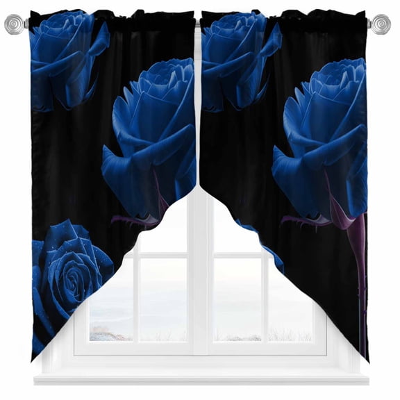 Swag Curtain Valances Blue Rose Swag Valances for Kitchen Windows Vintage Flower Garden Short Topper Curtains Valance Tier Pair for Kitchen Bedroom Living Room Bathroom 28"x36"