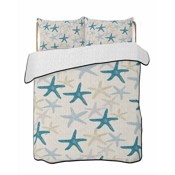 Full Size Quilt Bedding Set, Ocean Blue Starfish Reversible Summer Quilt 3 Pieces, Summer Coastal Beach Vintage Lightweight Bedspreads Coverlets with 2 Pillow Shams for All Seasons