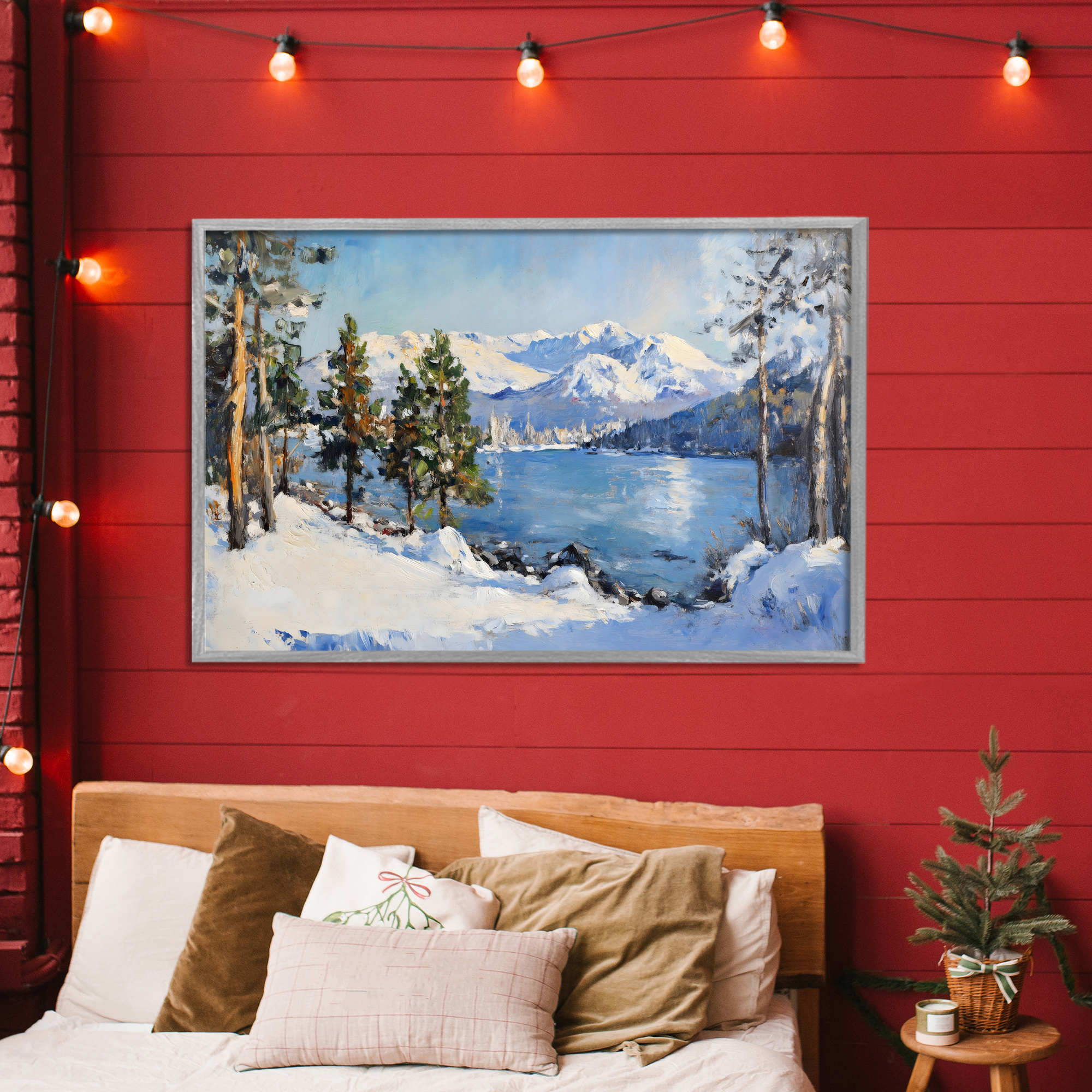 Winter Mountain Lake Gray Framed Giclee Art, design by Petal Prints Design