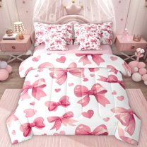 Homewish Cute Ribbon Bowknot Twin Bedding Sets 7-Piece for Teens Adults Female,Love Heart Print Bedding Comforter Set Microfiber,Dreamy Princess Breathable Sheet Sets,Super Cozy Room Decor