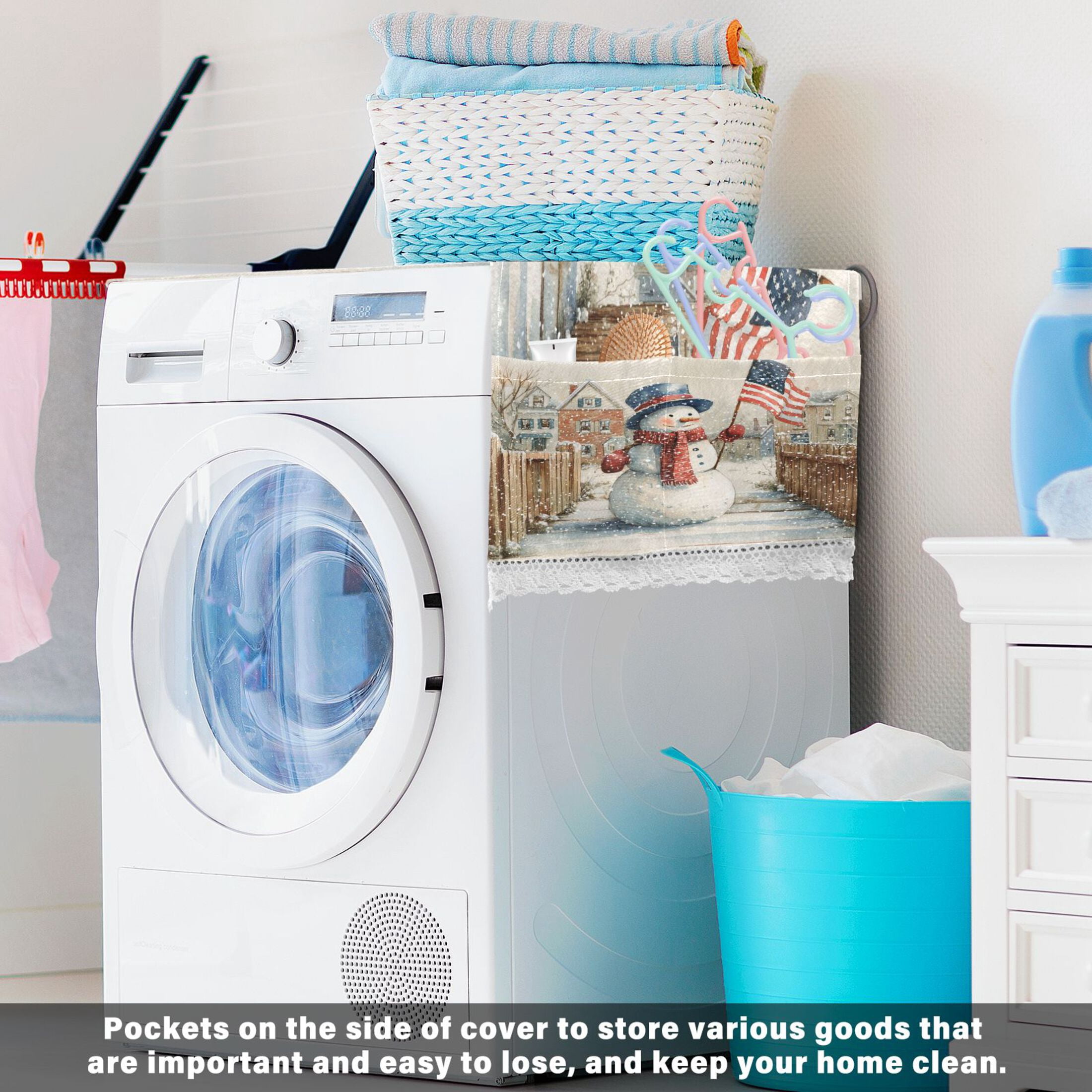 Washing Machine Cover 51.2x22in, Durable Polyester Dust Cover with Lace Trim and Side Pocket for Appliances American Flag Snowman