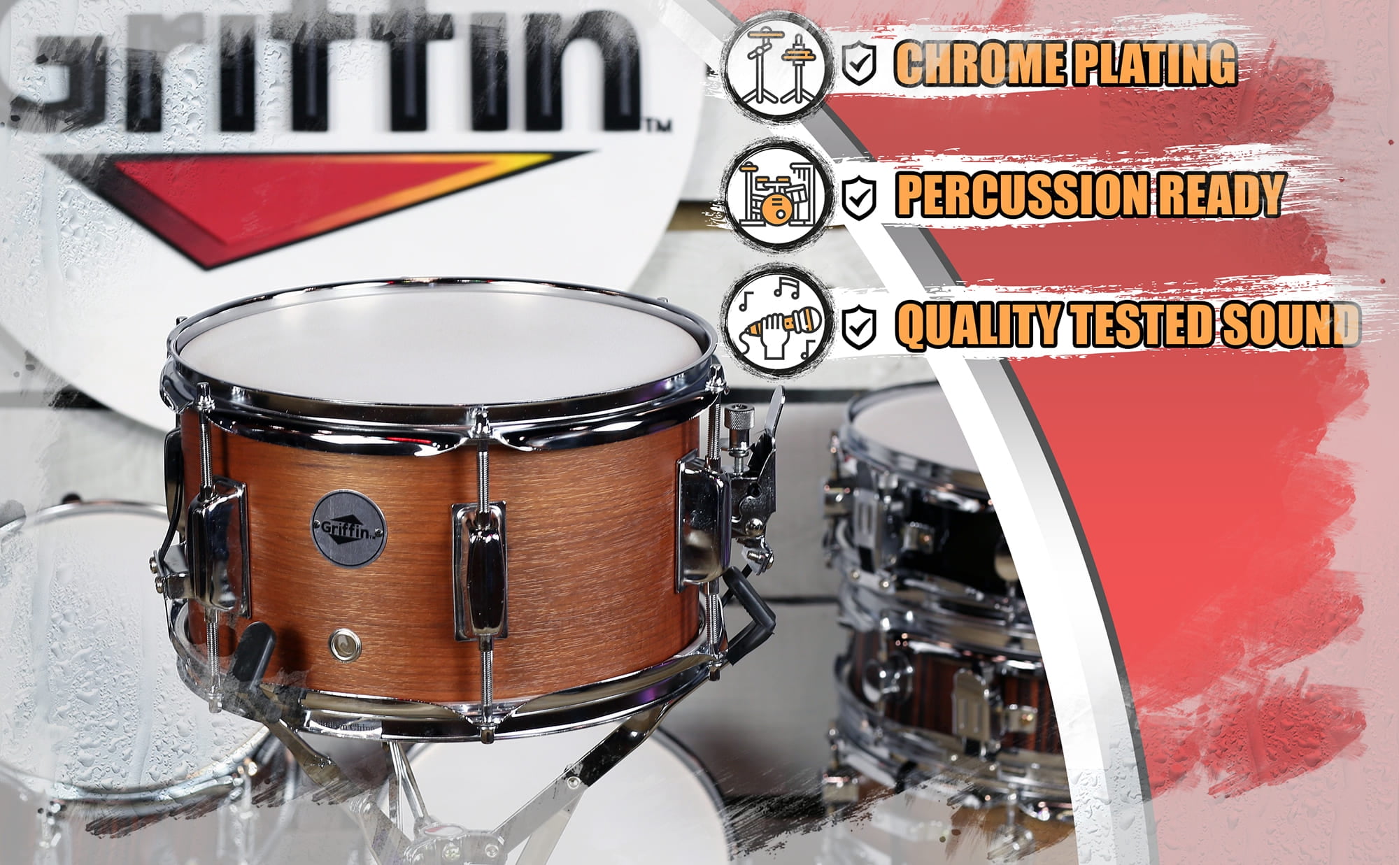 Popcorn Snare Drum by Griffin Soprano Firecracker 10" x 6" Poplar Wood Shell with Hickory PVC Concert Percussion Musical Instrument with Drummers Key and Deluxe Snare Strainer Beginner & Professional