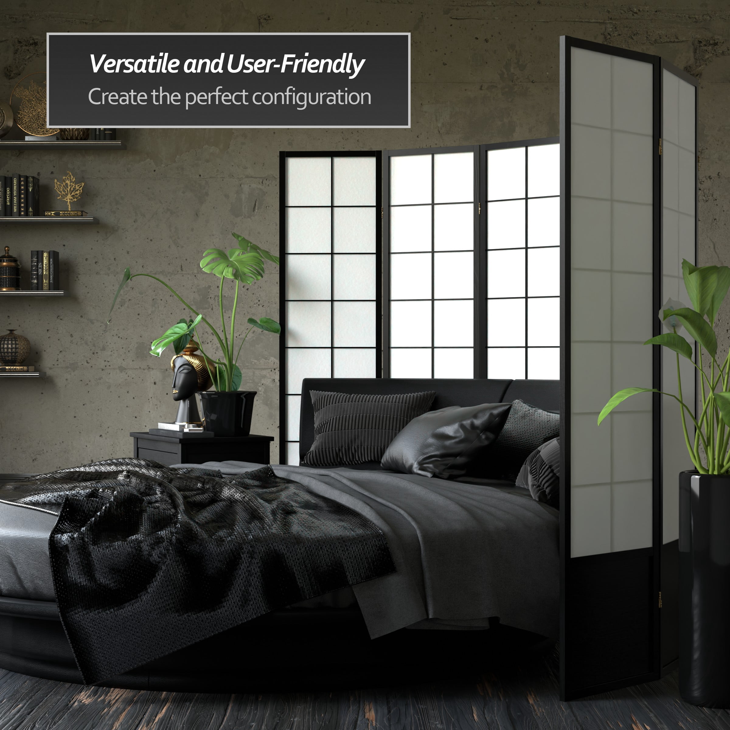 6 ft. Tall Premium Japanese Design Wide Window Pane Screen - Black - 3 Panels