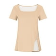 thumbnail image 3 of iHengLiXing Boat Neck Off Shoulder Tops for Women Women's Short Sleeved Solid Color Neck Button Open Hem T-shirt Top Beige M, 3 of 4
