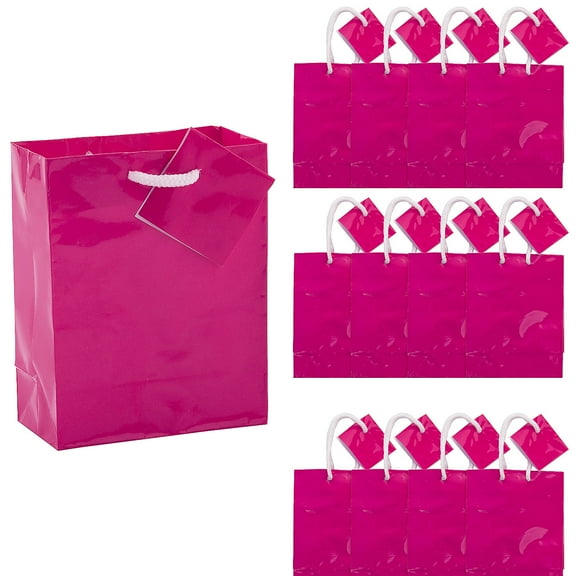 Fun Express 4 1/2" x 5 3/4" Small Bright Pink Paper Gift Bags with Tags - 12 Pieces
