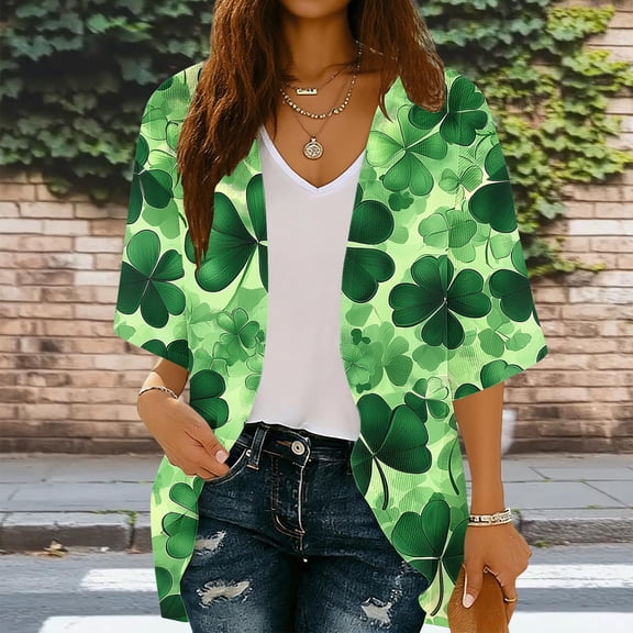 Daiosportswear Women'S Chiffon Kimono Loose Casual Open Front Short Cover Ups,St. Patrick'S Day Print ,Cover-Up for Women Green XL(XL)