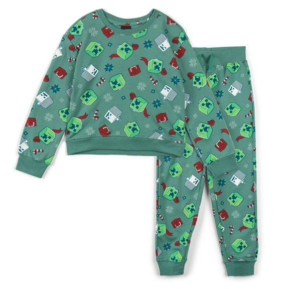 Minecraft Creeper Skeleton Christmas Fleece Pullover Sweatshirt and Jogger Pants Outfit Set Little Kid to Big Kid