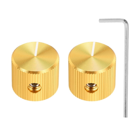 Uxcell 2 Pcs Aluminium Potentiometer Knobs, 1/4"(6.4mm) IDx5/8"(15mm) ODx1/2"(12.5mm) Height Universal Volume Tone Control Knobs for Guitar, Bass, Straight Line Indicator, Gold