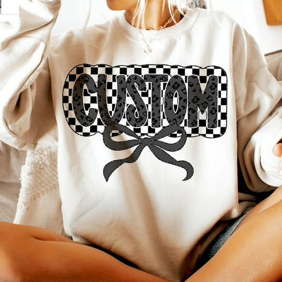 Custom Name Bow Sweatshirt, Checkered Personalized Teacher Crewneck, Sport-Inspired Custom Pullover Gift