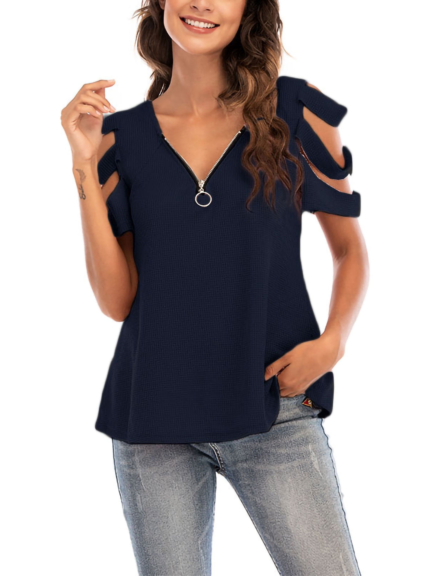 Niuer Women Short Sleeve Cut Out Cold Shoulder Tops Zip up V Neck T