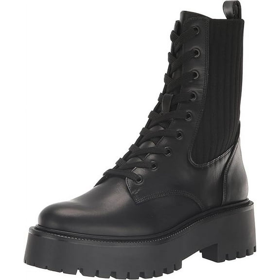 Sam Edelman Evina Black Leather Lace Up Rounded Toe Chunky Heeled Ankle Boots (Black Leather, 5)