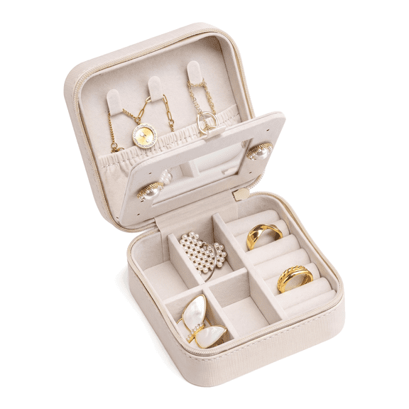 Small Travel Jewelry Box Organizer -Jewelry Display Case for Girls Women Bridesmaid Gift Rings Earrings Necklaces Storage with Mirror- Off-White