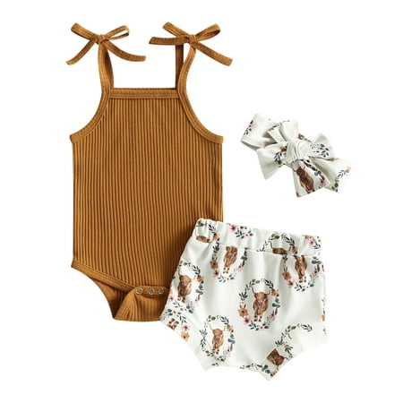 

CHAMAIR Baby Girl 3 Piece Clothes Set Knitted Suspenders Bodysuit Top+Shorts Headband (Khaki 6-9M)