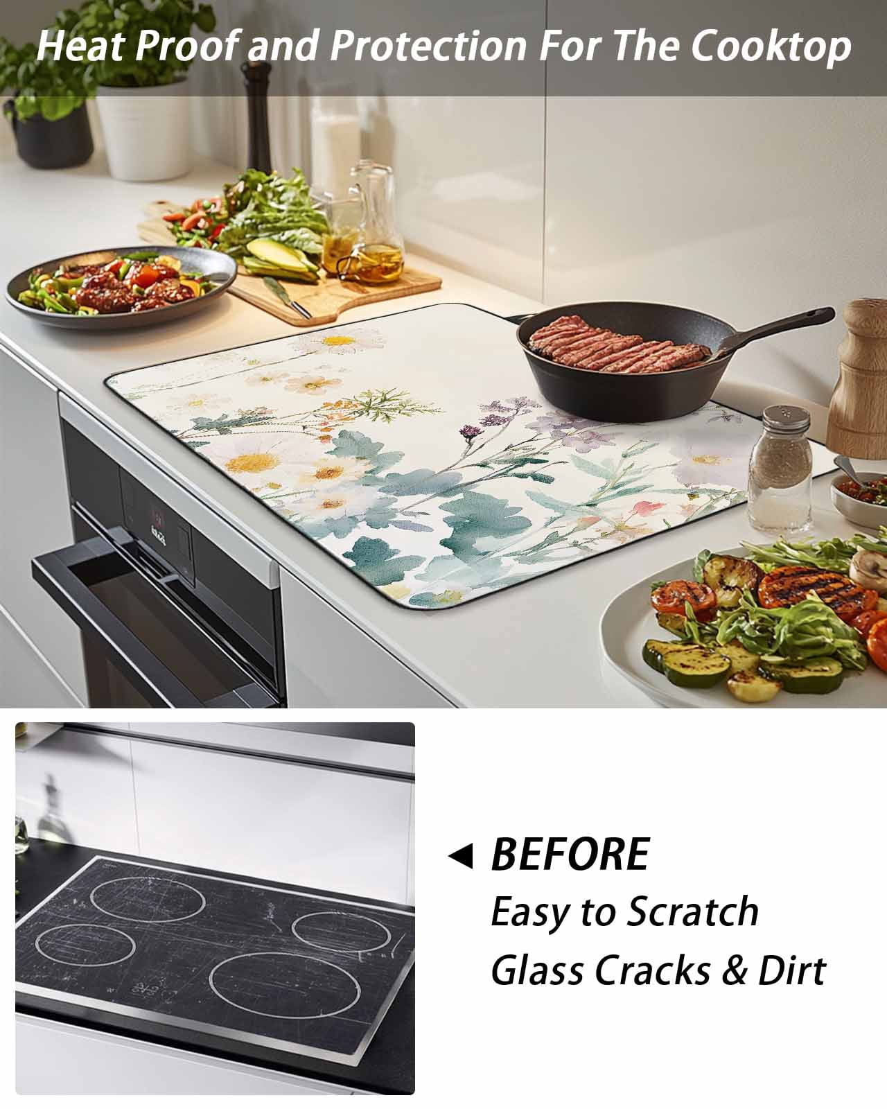 Stove Top Covers for Electric Stove, Watercolor Spring Floral Glass Stovetop Cover Protector, Farmhouse Daisy Green Botanical Induction Cooktop Protector Oven Mat for Kitchen Countertop 24"x21"