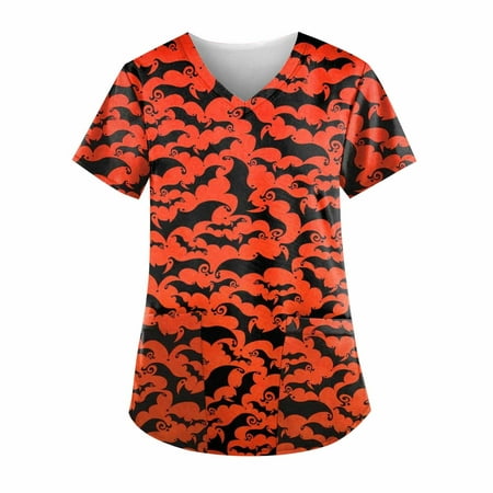 

Halloween Print Scrub Tops for Women Breathable Pumpkin Cat Bat Pattern V-Neck T-Shirts Tee Tops with Pockets